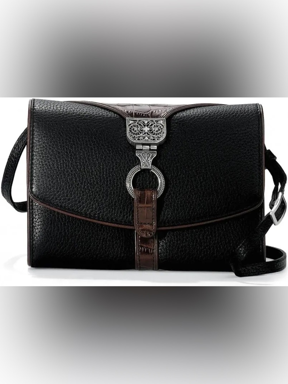 Black Leather Crossbody w/Ornate Silver-Tone Buckled Nepal Organizer by Brighton